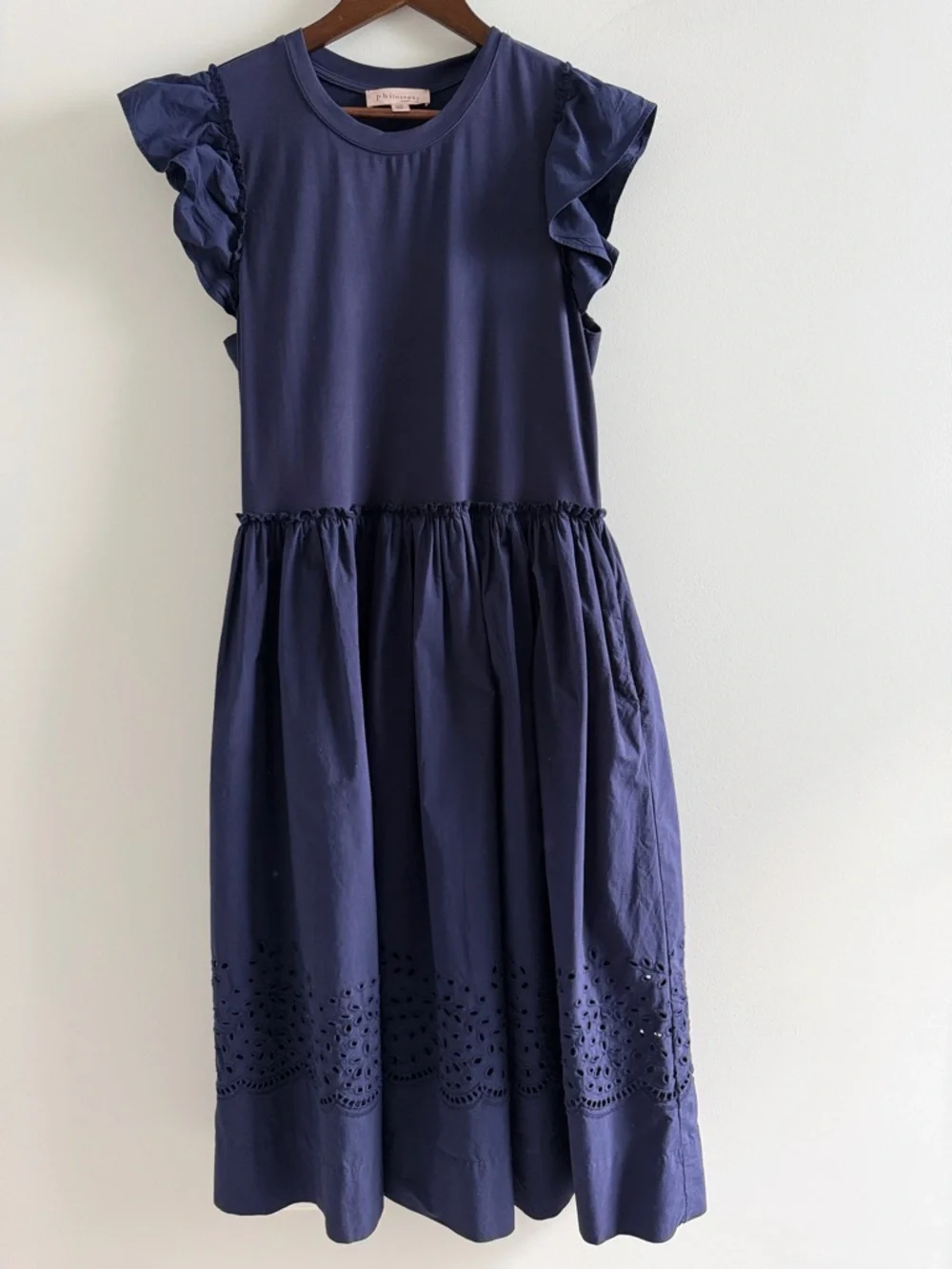 Philosophy Navy Ruffle Sleeve Midi Dress Eyelet Hem Large - Picture 1 of 13